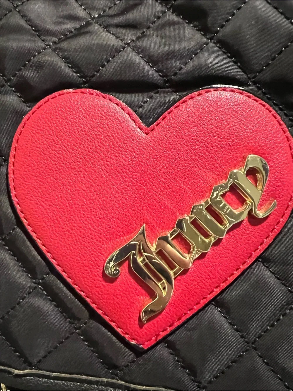 Juicy Couture Vintage Quilted Black Backpack w/Heart Patch Snap Flap Closure